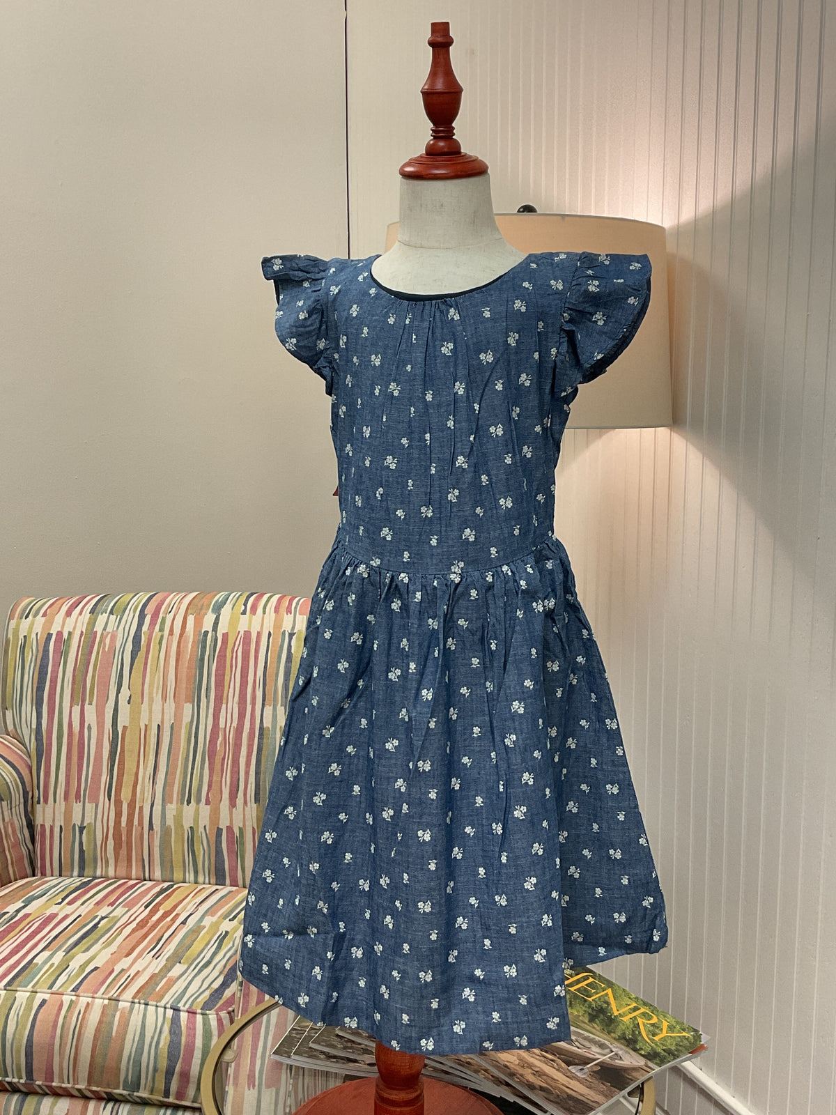 ￼ Girls, organic chambray, flutter dress Dash blue￼