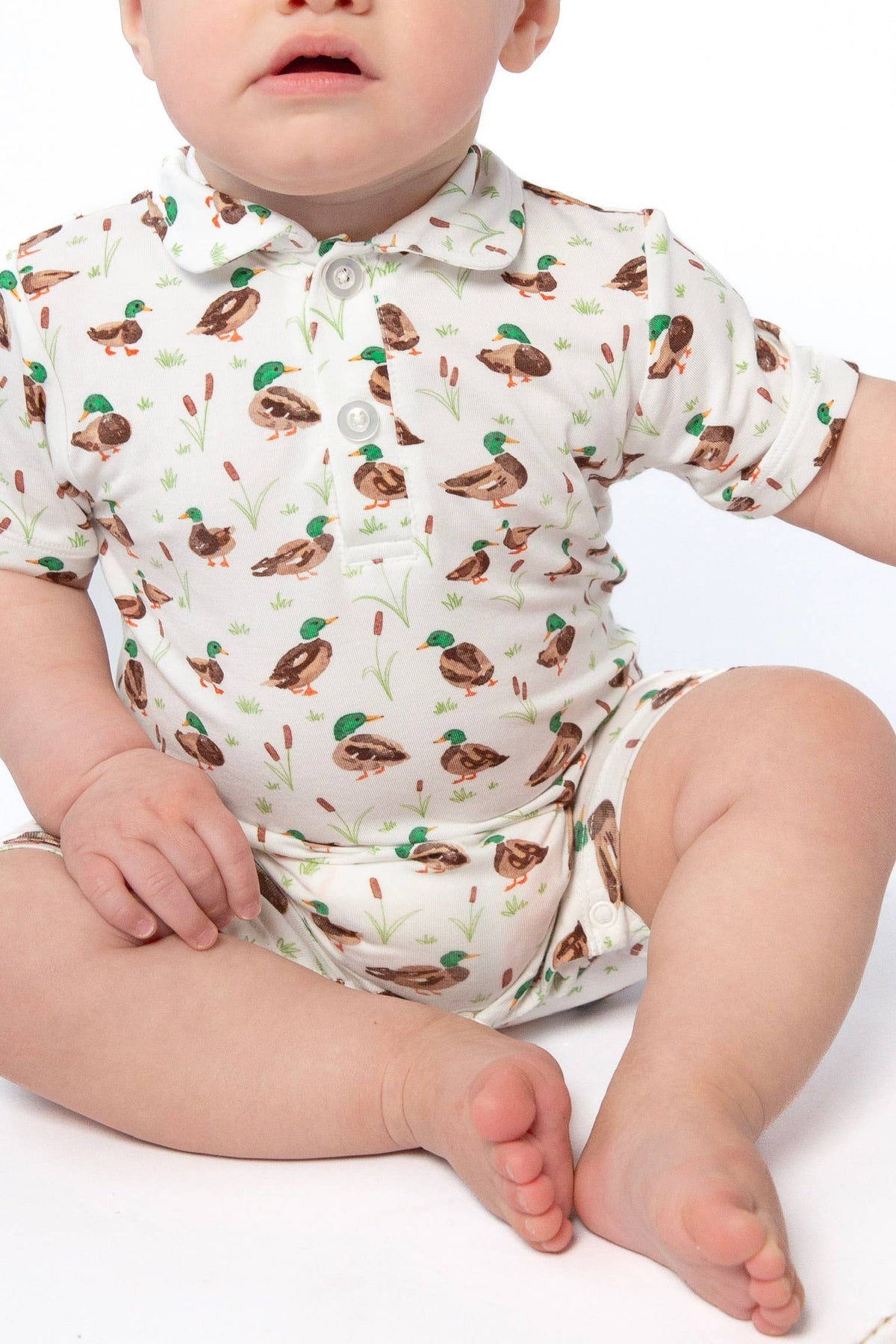 Mallard Drake Ducks- SS Polo Romper: 3-6mo
