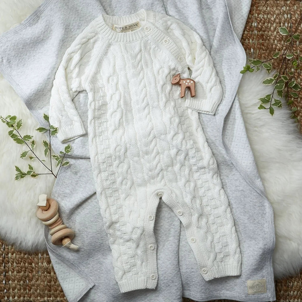 Hope & Henry Layette White Cable Knit Romper