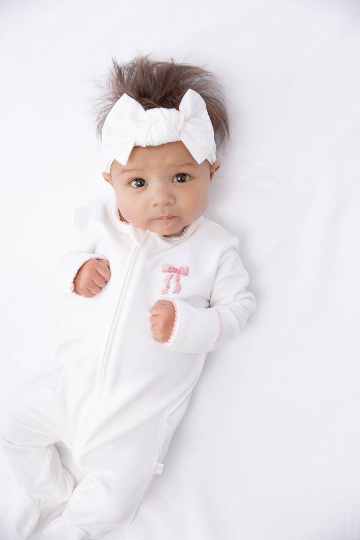 Bow - Pip Embroidered  Zip Romper: 0-3mo